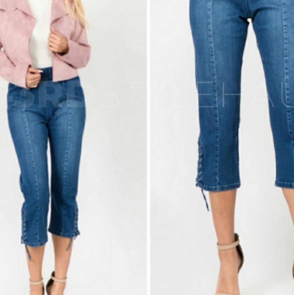 Denim Cropped Lace up Jeans medium
